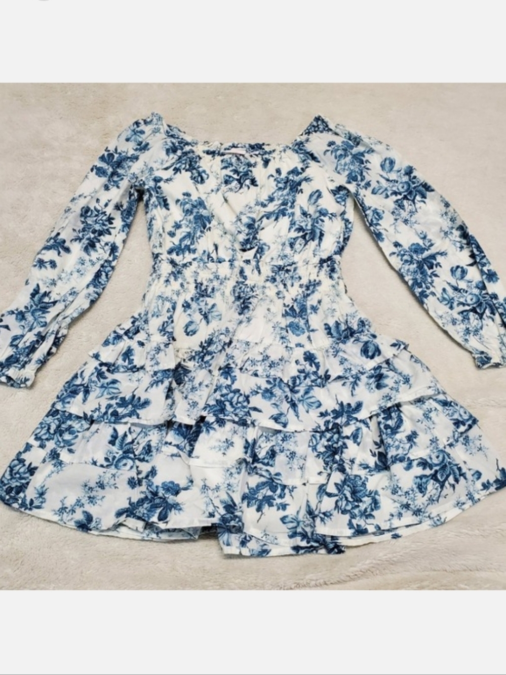 Gap x‎ LoveShackFancy Blue White Floral Smocked Ruffle Tiered Mini Dress Girl XL
